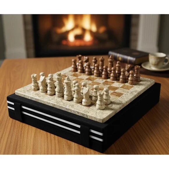 Handmade Marble Chess Set Brown chess Board & Pieces storage box Christmas gift - Picture 2 of 16